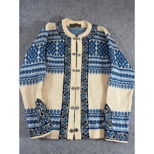 VINTAGE Nordstrikk Cardigan Sweater Womens Blue Wool Nordic Pewter Clasps Large